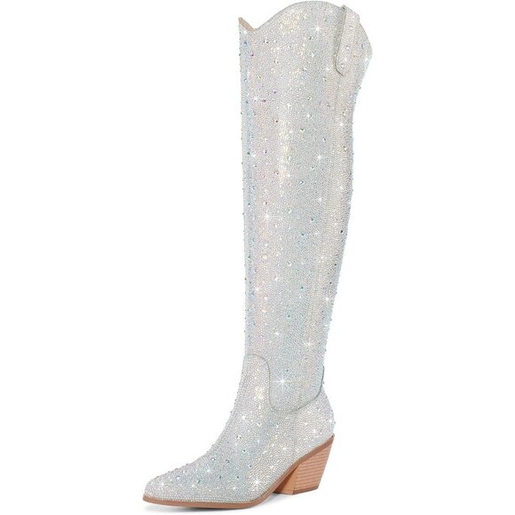 Shoes - Women Multicolor Faux Leather Sparkly Bling Rhinestone Over the Knee Cowboy Boot
